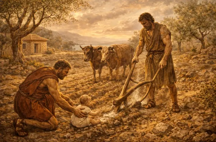 Odysseus’un Troya Savaşı’na katılmamak için delilik numarası yaptığı sahneyi betimleyen mitolojik anlatım; tarlada saban süren Odysseus, yanında oğlu Telemakhos ve arka planda çiftlik hayvanları görülüyor.